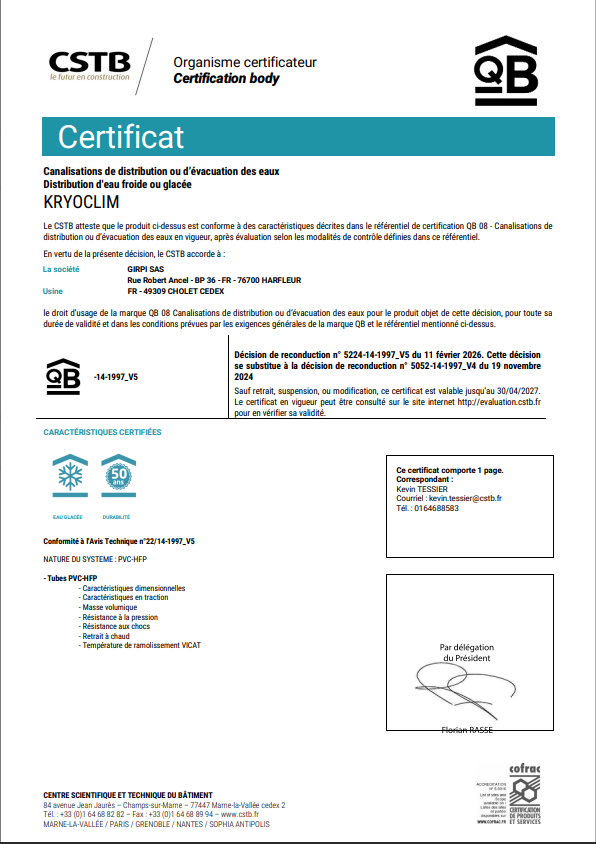 Certificat QB 08 -GIRPI SAS- KRYOCLIM- CHOLET